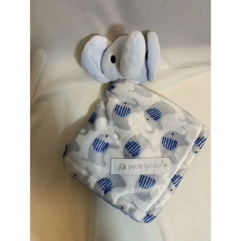 Petite L'Amour Blue White Gray Elephant Plush Security Blanket Lovey‎ Lovie Grey